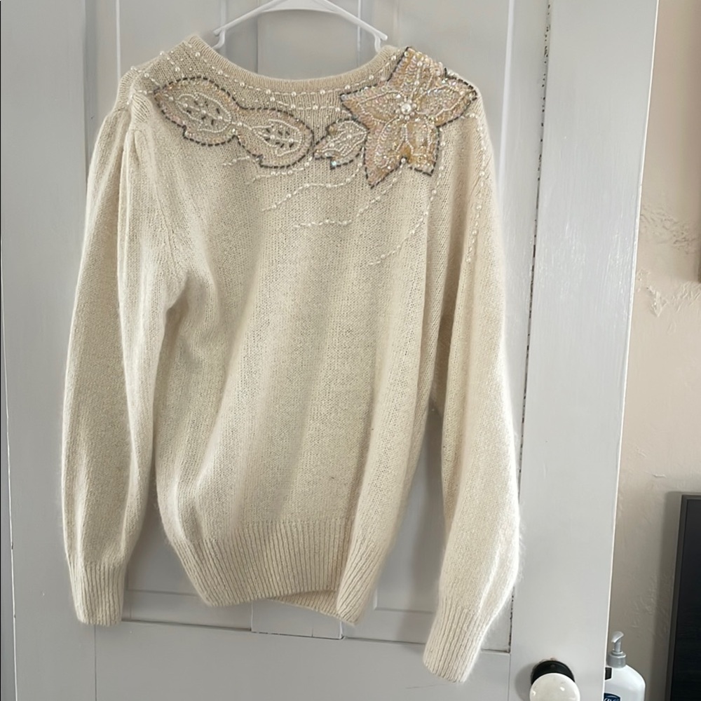 Cream Crew Neck Sweater with Intricate Lace Collar and Relaxed Fit